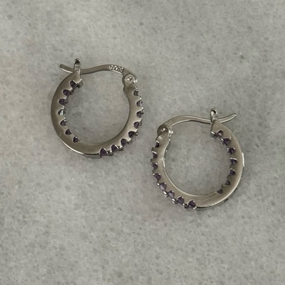 New Item! Sterling Silver Purple Princess Thick Crystal Hoop Earrings - Picture 3 of 5